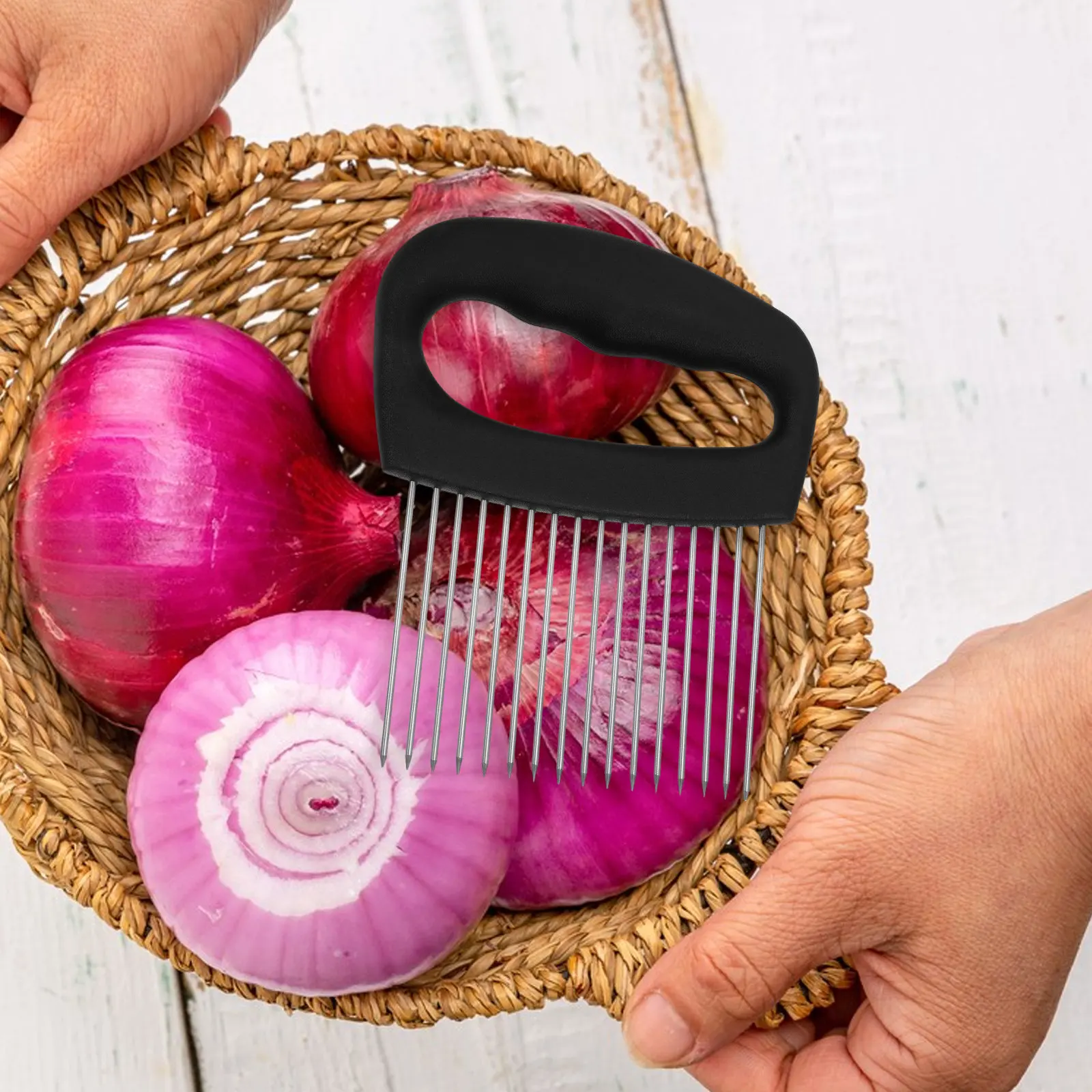 Stainless Steel Onion Holder for Slicing Vegetable Fruit Slicer Chopper Tool Tomatoes Avocados Potatoes Eggs Meat Kitchen