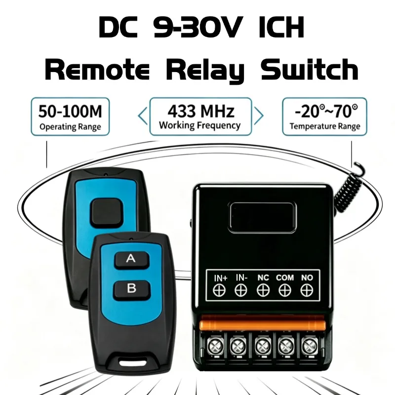 Home Smart RF Wireless Remote Control Switch 433MHz DC 12V 30A Relay for Light Lamp Water Pump Garage Door Access System