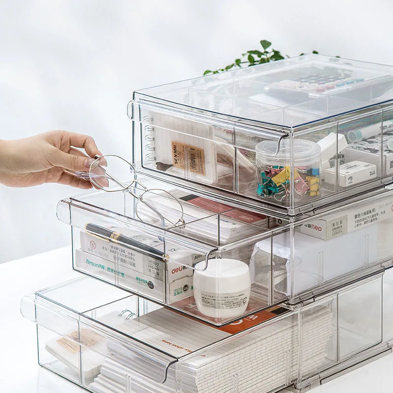 Office Desk Drawer Organizer Multilayer And Multifunctional Transparent Drawer Clutter Storage Cabinet with Lid And Partition