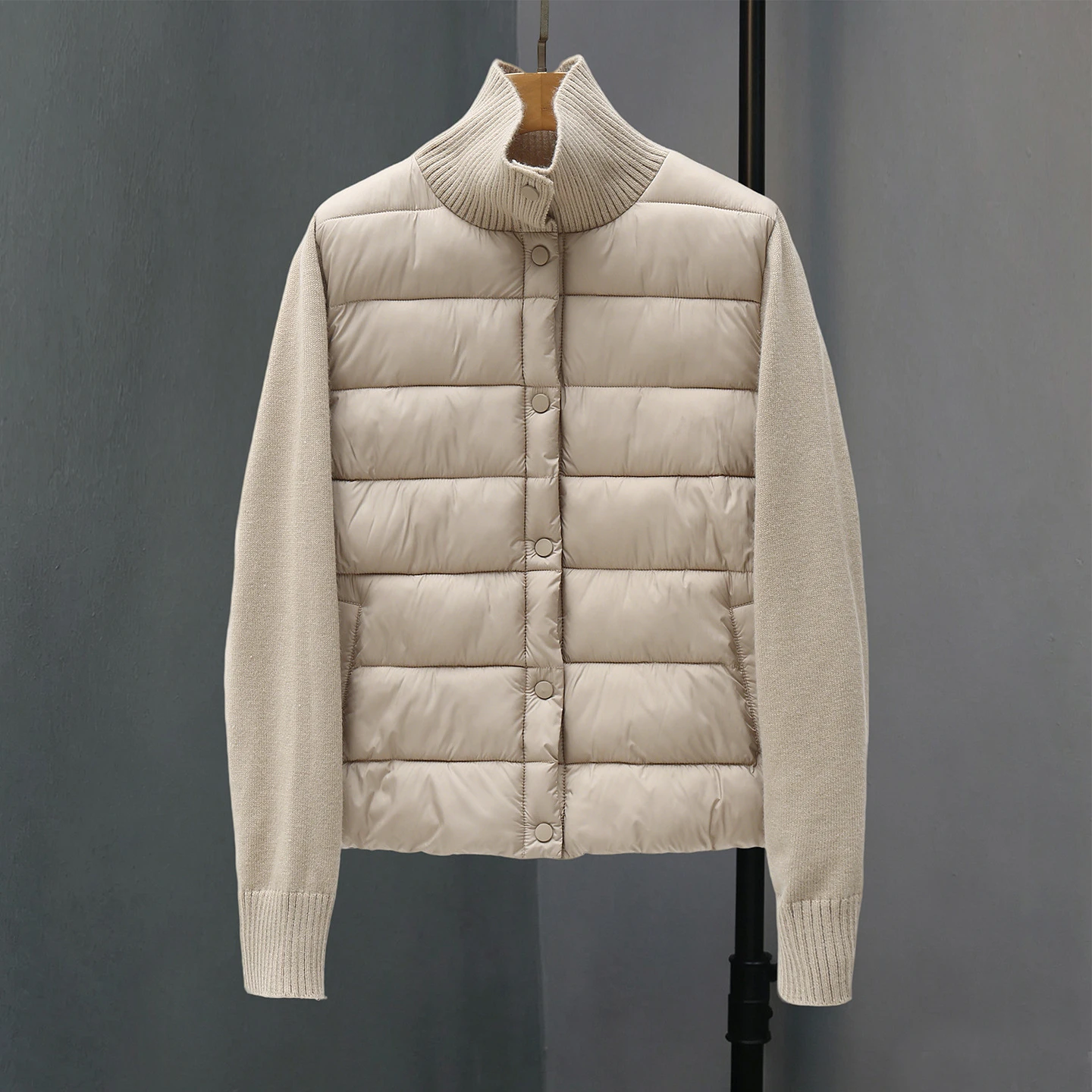 Women Knitted Collar Spliced Padded Coat Korean Lightweight Warm Cropped Jacket Loose Long Sleeve Versatile Casual Outerwear