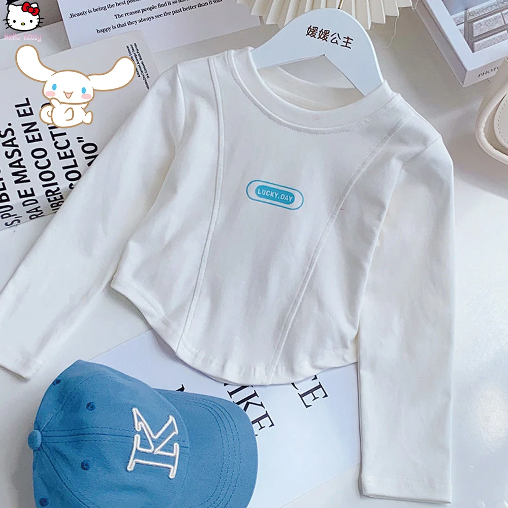 T-Shirt for Girls Cinnamoroll Melody Anime Korean Style Spring Autumn Kid Fashion Student Clothes Cotton Round Neck Top Inside