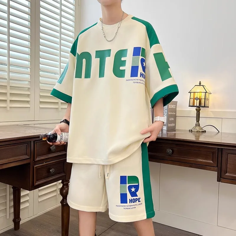 Summer Men's Sports Suits Handsome Casual Quick Drying Boys Sportswear Set Loose Short Sleeve T-shirt Shorts Two Pieces Set