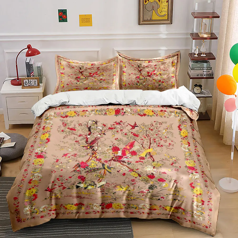 Vintage Chinese Bird Floral Print Bedding Set, Oriental Peony Phoenix Symmetric Duvet Cover Set For Traditional Bedroom Decor