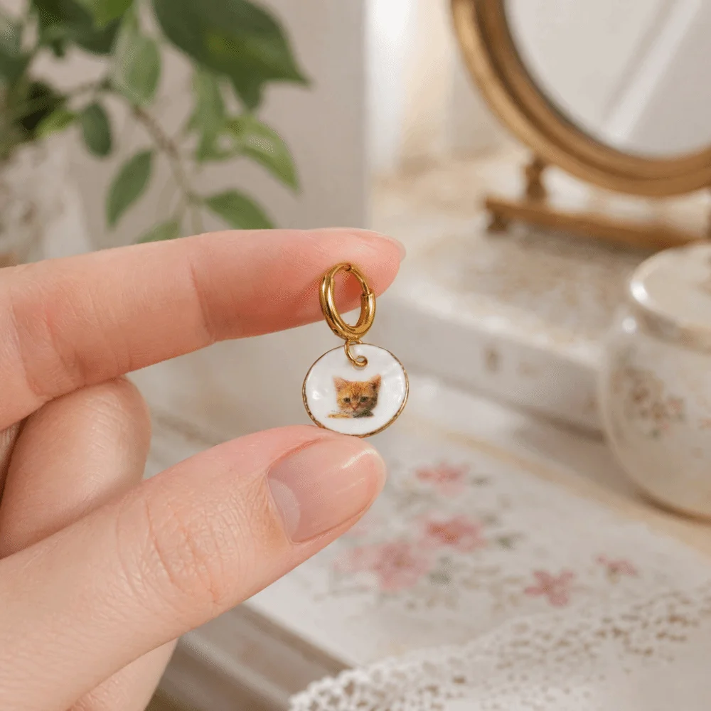 Dripping Oil Ginger Cat Pattern Hoop Earrings Stainless Steel Y2K Plate Teacup Tea Pot Ear Buckle Sweet Cute Porcelain Earrings
