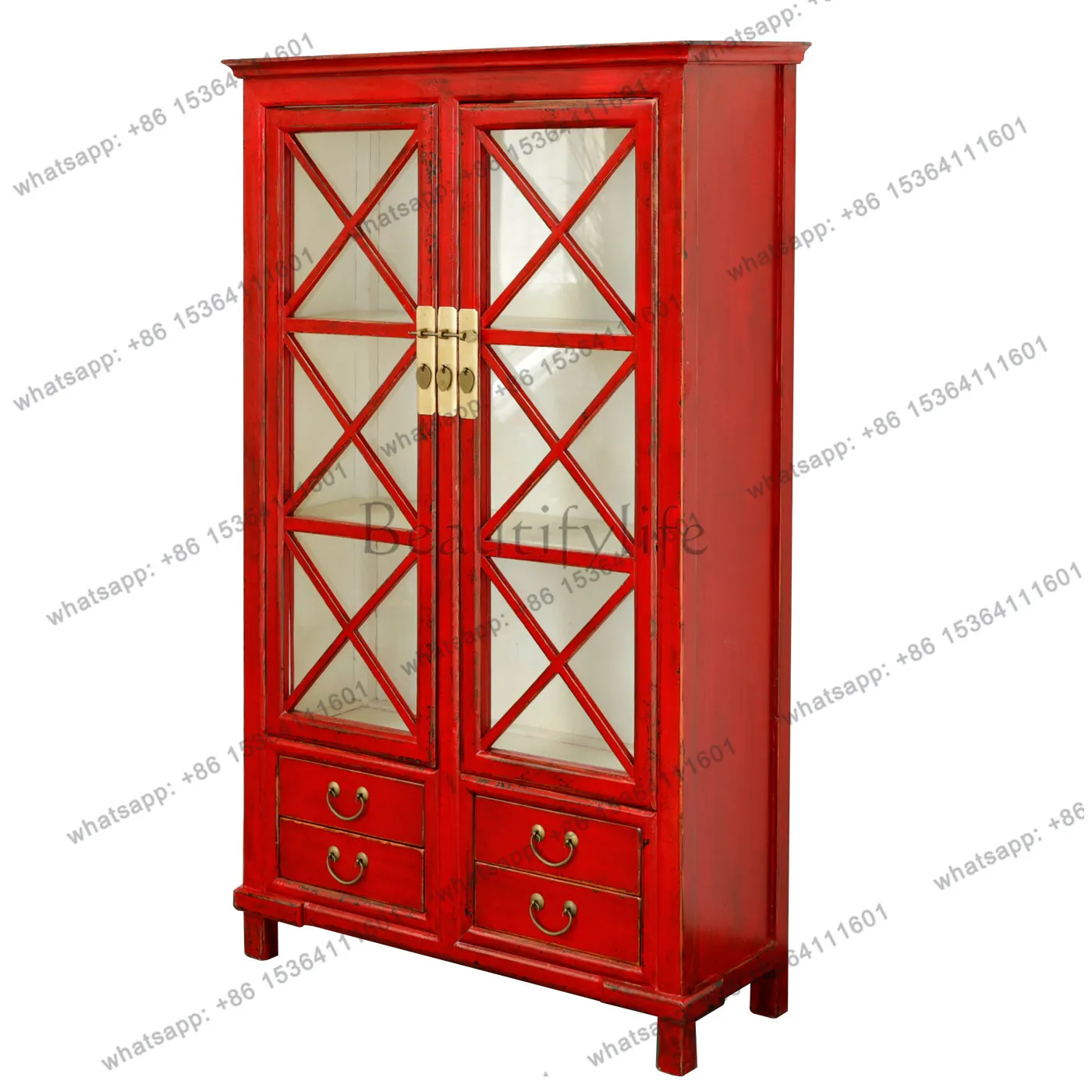 

Red glass door side cabinet solid wood retro double drawer storage locker