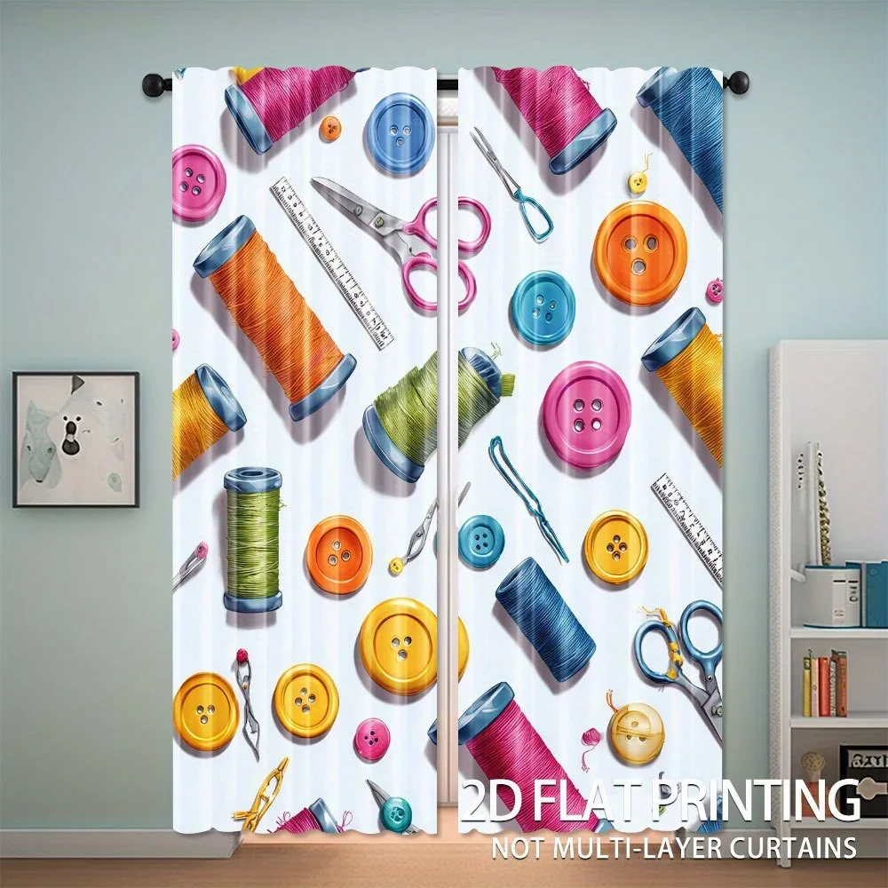 

Sewing tools - spools, buttons, scissors Print Drapes Room Darkening Window Curtains for Home Decor,Rod Pocket Blackout Curtains