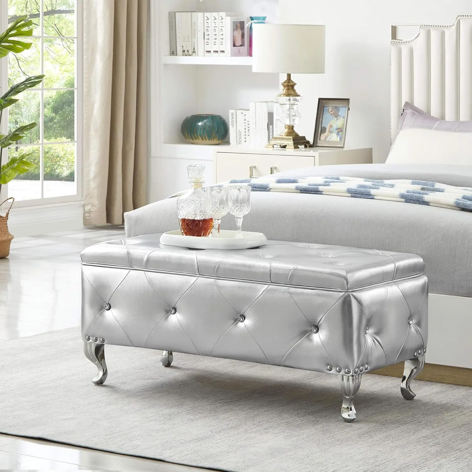 

Storage Ottoman Bench for Bedroom: Crystal Buttons Rectangle Ottoman with Storage Bench for Bedroom End of Bed Bench