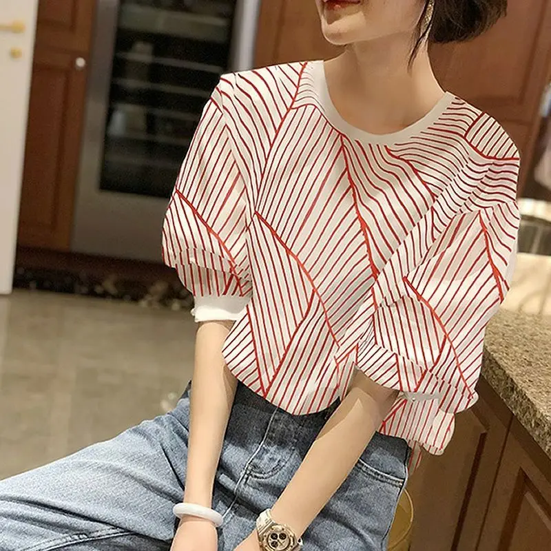 

Fashion Printed O-Neck Lantern Sleeve Striped Blouse Women's Clothing 2023 Summer New Casual Pullovers Loose Korean Shirt