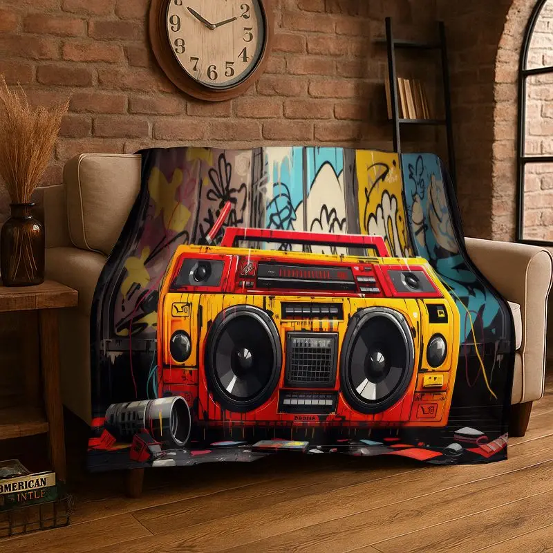 Retro Tape Cassette Music Flannel Blanket Soft Warm Throw Blanket for Bedroom Living Room Bed Travel Camping Picnic Cover Gift