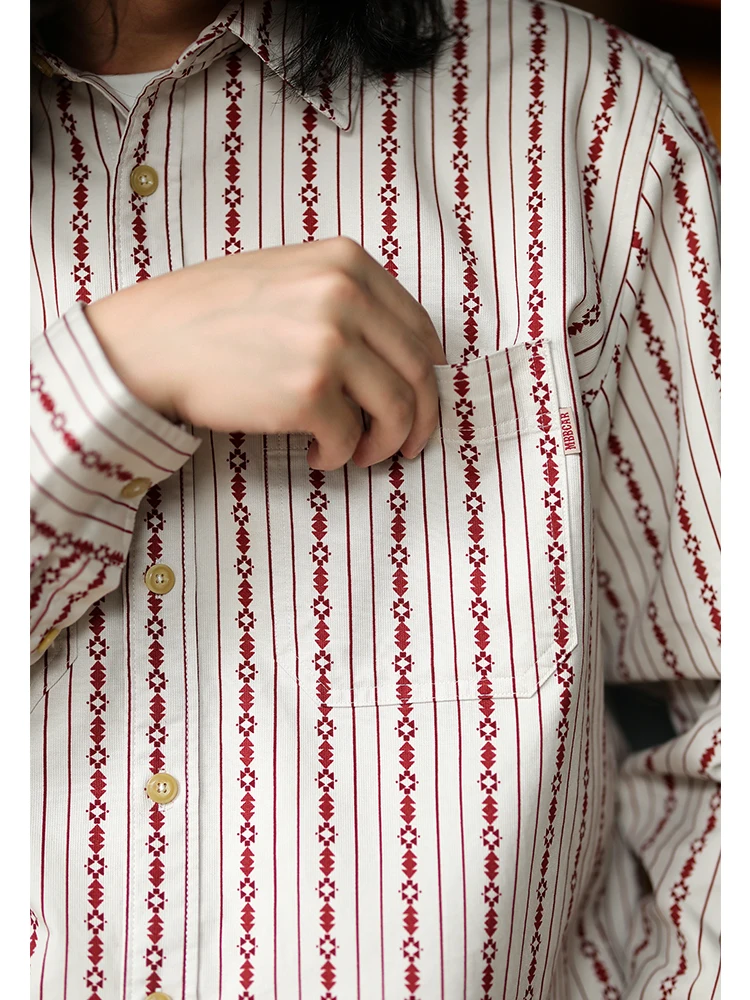 

Navajo American Retro Print Corduroy irt Pure Cotton Waed Narrow Width Men's Faion Stand Fit Long Sve Pointed Collar