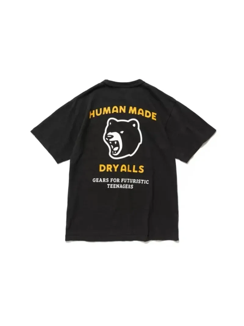 Human Made Style Roaring Bear Letter Slub Cotton T-Shirt, Loose Casual Tee for Couple Unisex
