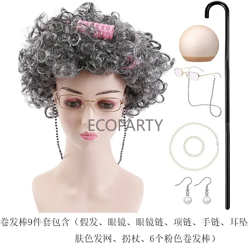 Costume de cosplay de cheveux bouclés pour femmes, perruque grise de grand-mère d'âge moyen, ensemble de pièces de lecture, accessoires de vacances d'Halloween, vieille dame, grand-père