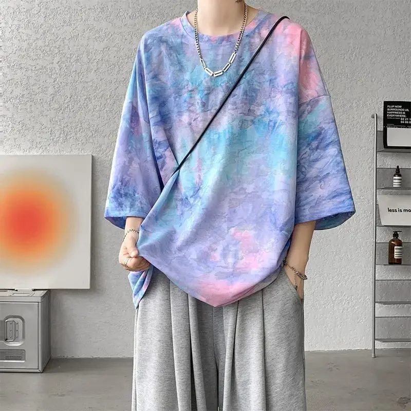 T Shirt for Men Tie Dye Loose Man Tee Shirts Cool New In Summer Vintage Clothing Party Streetwear Cheap Clothes Korean Kpop Top