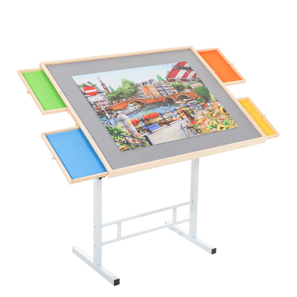 Adjustable 1500 piece puzzle table with colored drawers, tilted puzzle board metal leg vertical saw puzzle table