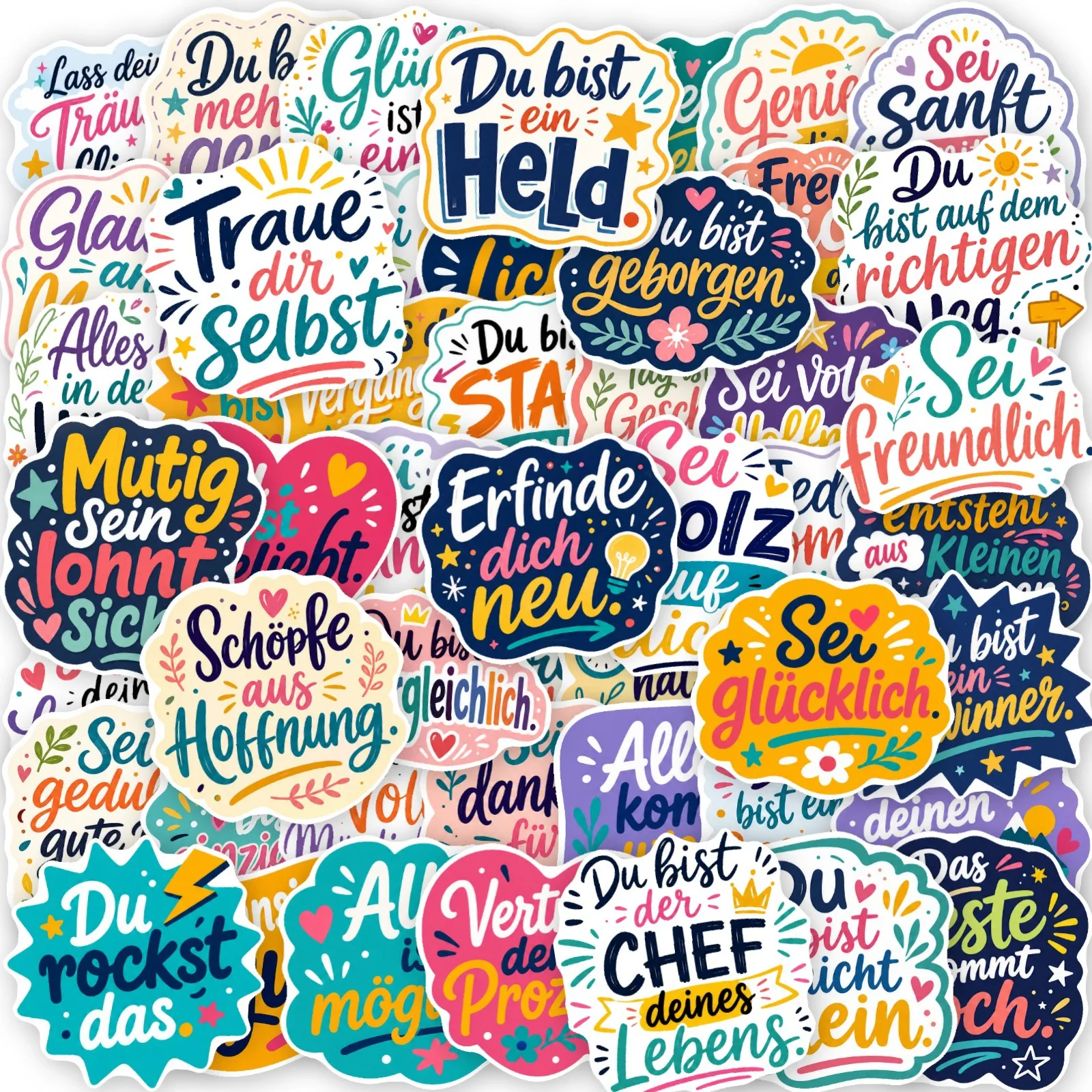 50 PCS German Positive Encouragement Text Stickers Colorful Cartoon Motivational Hand Account Decals Luggage Water Cup DIY Decal