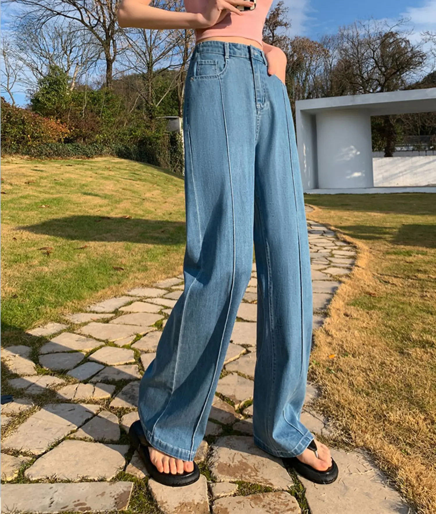 

2025 New Solid-color Tencel Jeans for Spring and Summer, High-waisted Casual Splicing Washed Wide-leg Jeans for Women's Fashion