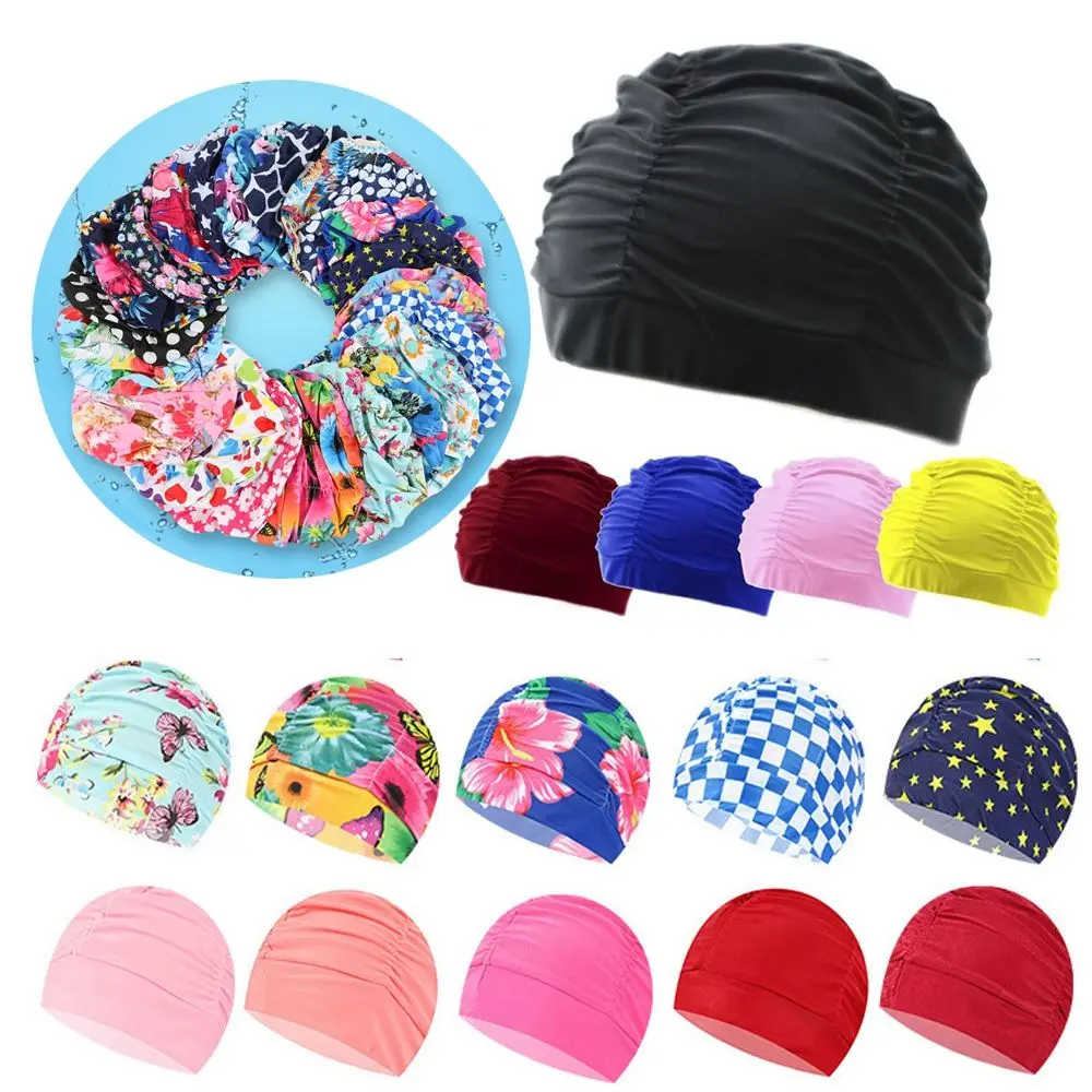 Men&Women Ears Pleated Sports Accessories Pool Bathing Hats Swimming Cap Long Hair Protect Elastic Nylon Turban