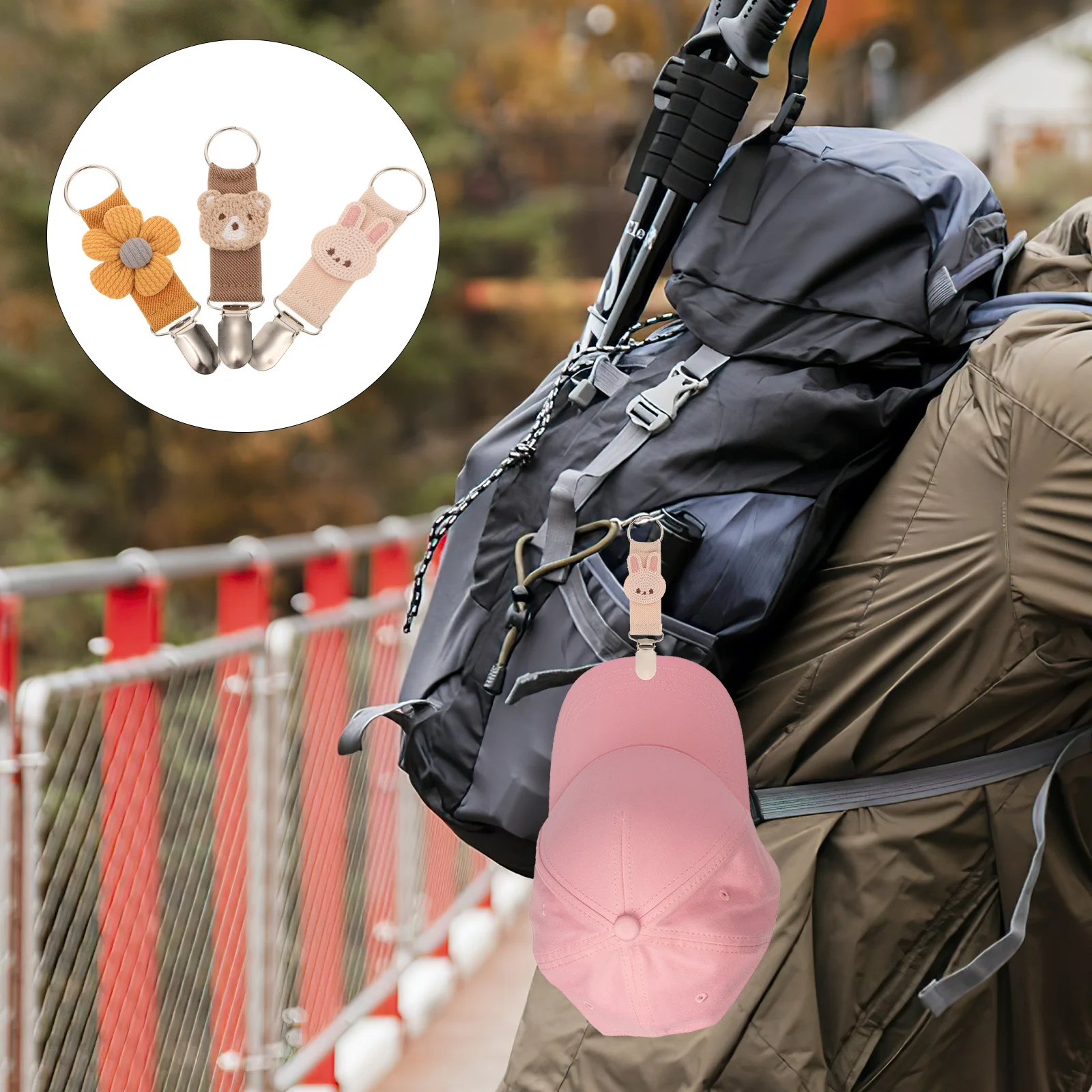 

3Pcs Travel Hat Clip Adorable Bunny Style Hat Holder Organizer with Metal Ring for Sun Protection Hats Scarves Caps on Bag