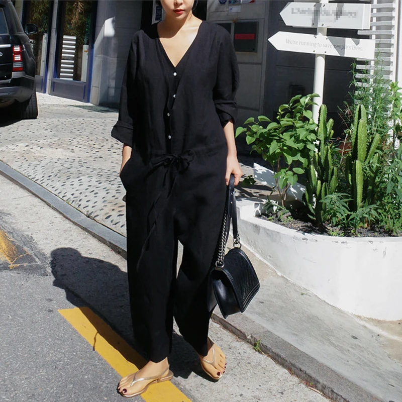 Johnature Korean Simple V-neck Women Jumpsuits 2025 Spring New Loose Button Ankle-length Female Bodysuits