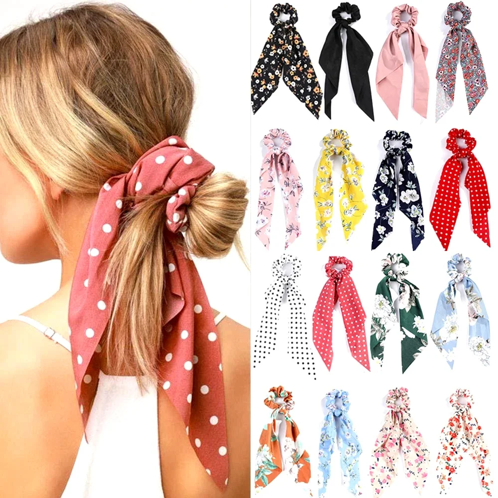 

2023 Fashion Print Chiffon Long Ribbon Scrunchies Women Girls Ponytail Scarf Elastic Hair Bands Ties Hair Accessories Wholesale