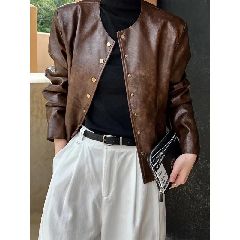 Vintage Pu Leather Short Jacket Women Autumn Korean Single Breasted Logn Sleeve Maillard Coat