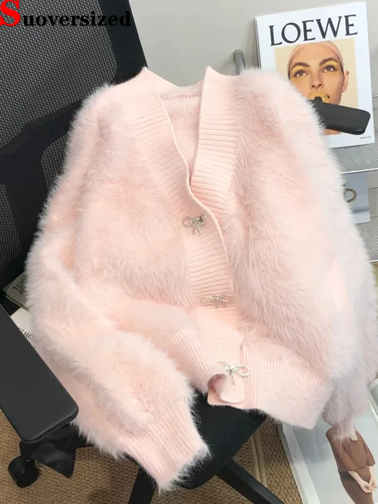 Korean Imitation Mink Knitted Cropped Tops Women Spring Fall Soft Cardigan Bow High Quality Pink Sweater Casual Knitwear Coat