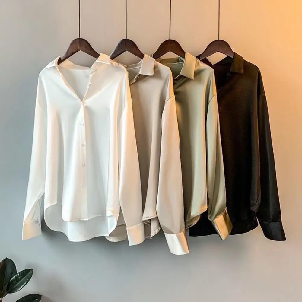 1Pc Loose Fit Shirt Formal Loose Women Blouse with Turn-down Collar Elegant Satin Blouse Silky Soft Long Sleeve Shirt for Women