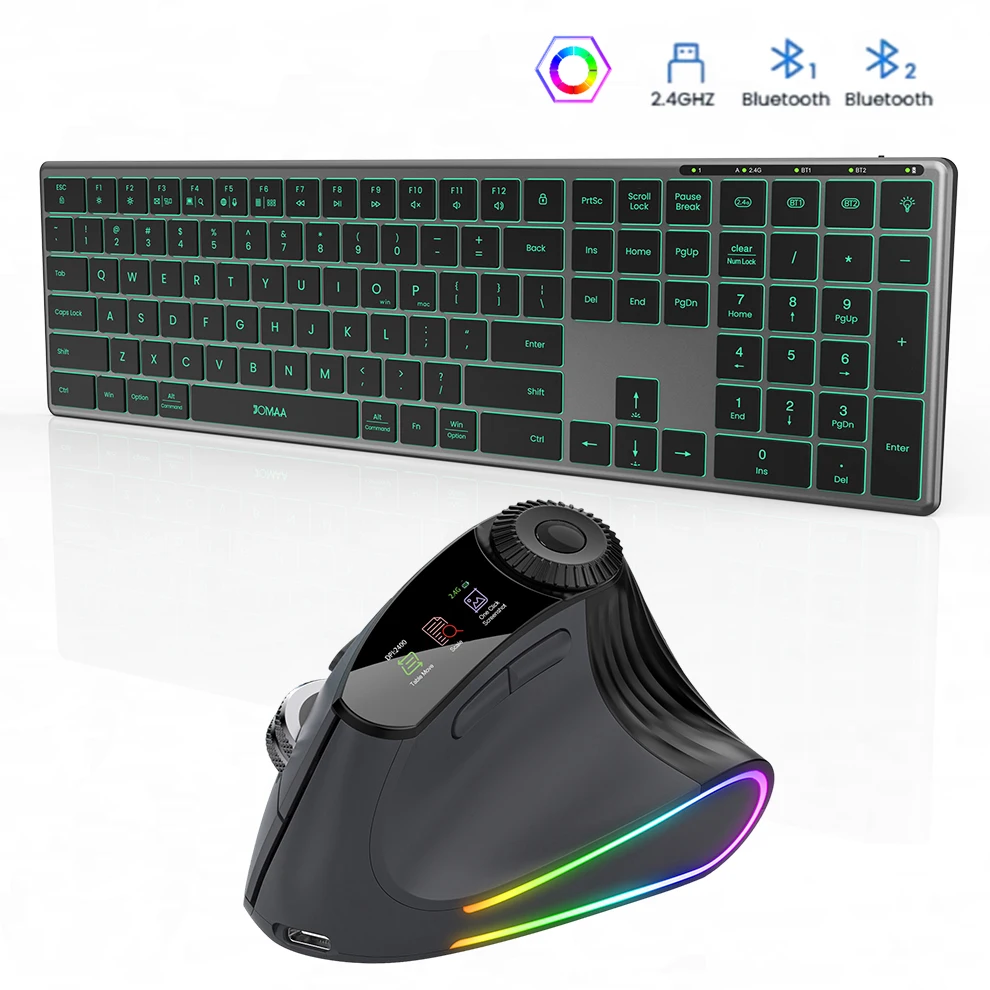 Jomaa Backlight Bluetooth Keyboard and Mouse,Multi-Device Rechargeable Slim Wireless Keyboard Mouse Stainless Steel Full Size