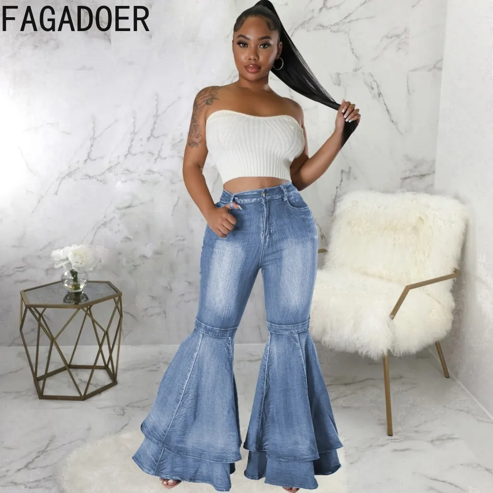 FAGADOER Fashion Washed Denim Pleated Flare Pants Women High Waisted Button Loose Wide Leg Jeans Trousers Female Cowboy Bottoms