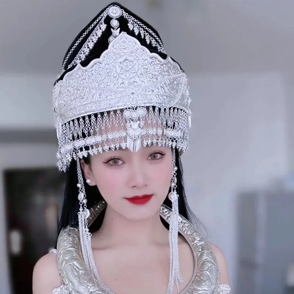 

Серебряные шляпы Мяо для женщин, красивый головной убор Мяо, якорь, сувениры для сетевого хоста, головные уборы, Китай, национальная певица, сценическое выступление