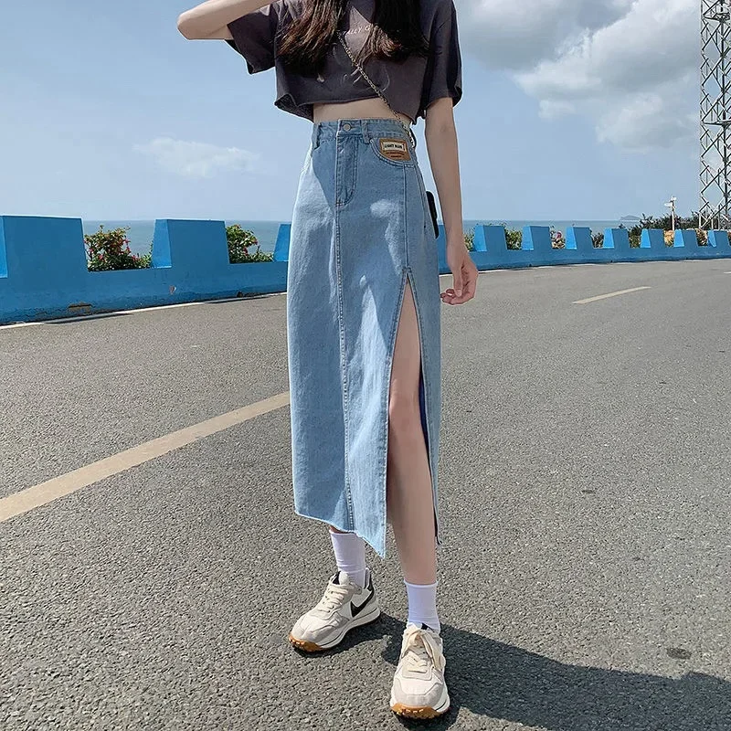 Pop 2022 New Style High-Waisted Side Slit Denim Skirt For Women Slimming A- Line Medium Length Bodycon Skirt Trendy On Social Me