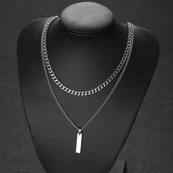 2Pcs/Set Small Hanging Tag Stainless Steel Necklace for Men Geometric Silver Color Pendant Necklace Fashion Hip Hop Jewelry Gift