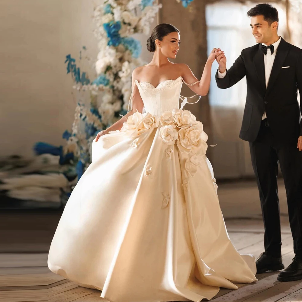 Customized Elegant Flower Embellished Wedding Dress Sweetheart Beading Strap Bride Gown Puffy Satin Engagement Party Dress