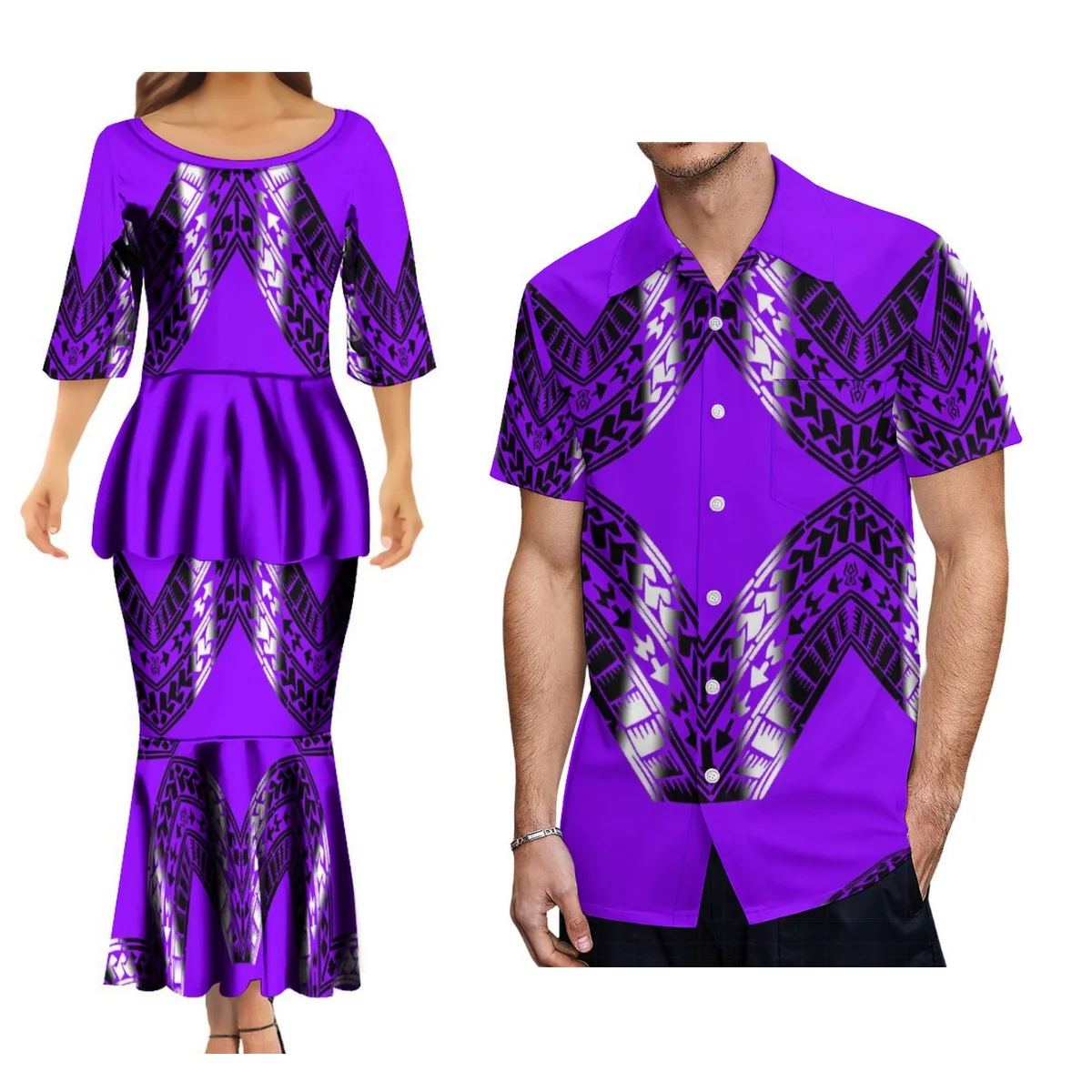 Island Couple Set Polynesian Tribeswoman puletasi Dress Party Big Man Dress Hawaiian Casual Men Aloha Shirt