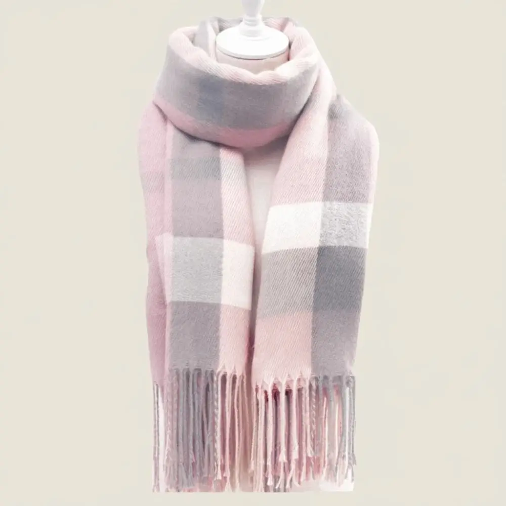 Soft Classic Plaid Scarf Cold-proof Contrast Color Knitted Wool Scarf Acrylic Fibers Polyester Long Neckscarf with Tassel Women