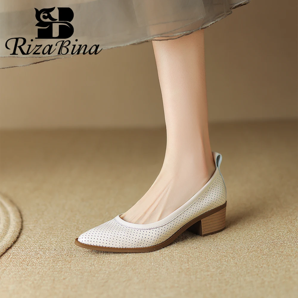 

RIZABINA Women Genuine Leather Pumps Pointed Toe Mid Heels Shallow Mouth Casual Slip On Shoes Retro Mesh Granny Shoes Daily