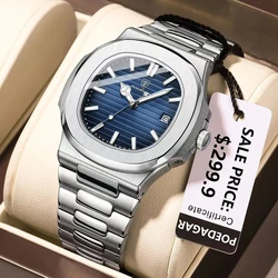 POEDAGAR Top Brand Luxury Quartz Watch Fashion Square Dial Stainless Steel Calendar Luminous Waterproof Men Watch Male Clock+Box