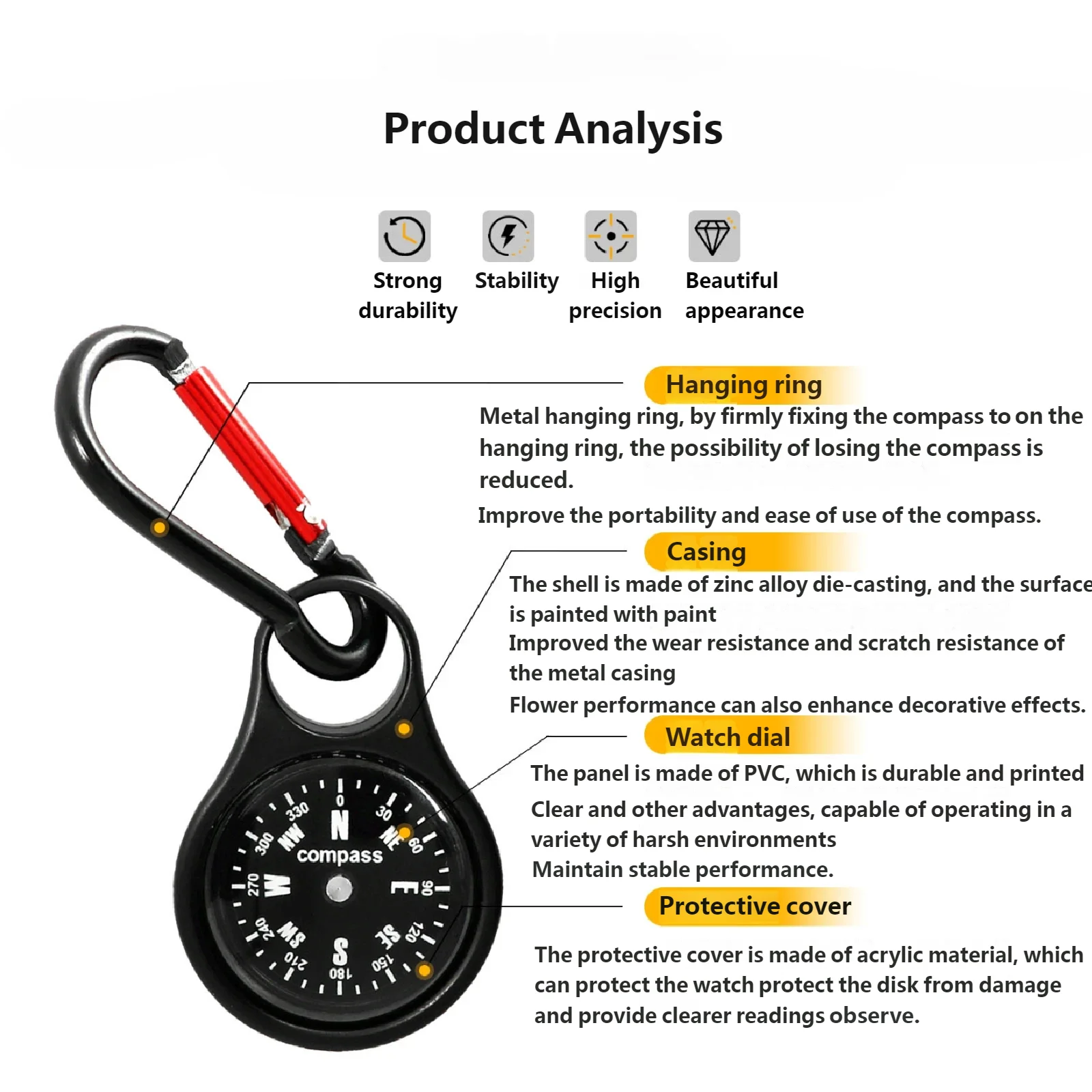 بوصلة من سبائك الزنك سريعة المعلقة بإبزيم جبلي معدني هدية خارجية للمشي لمسافات طويلة والسفر والعمل الميداني ومغامرات التخييم ​