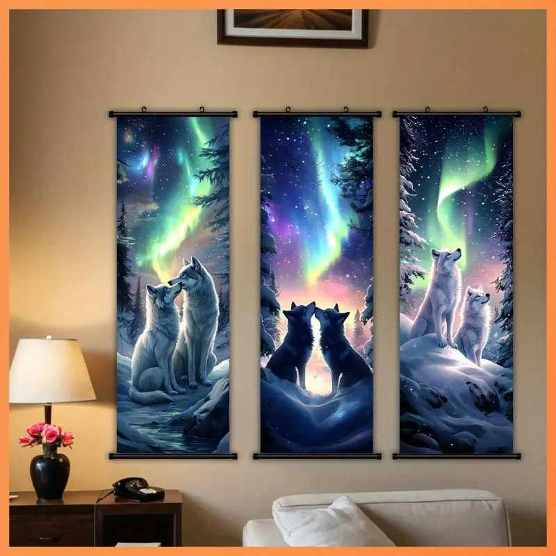 VIKAMA Borealis Wolf Pack Wall Tapestry Snow White Canine Northern Lights Forest Scroll Art Home Decor Modern Style Soft Durable