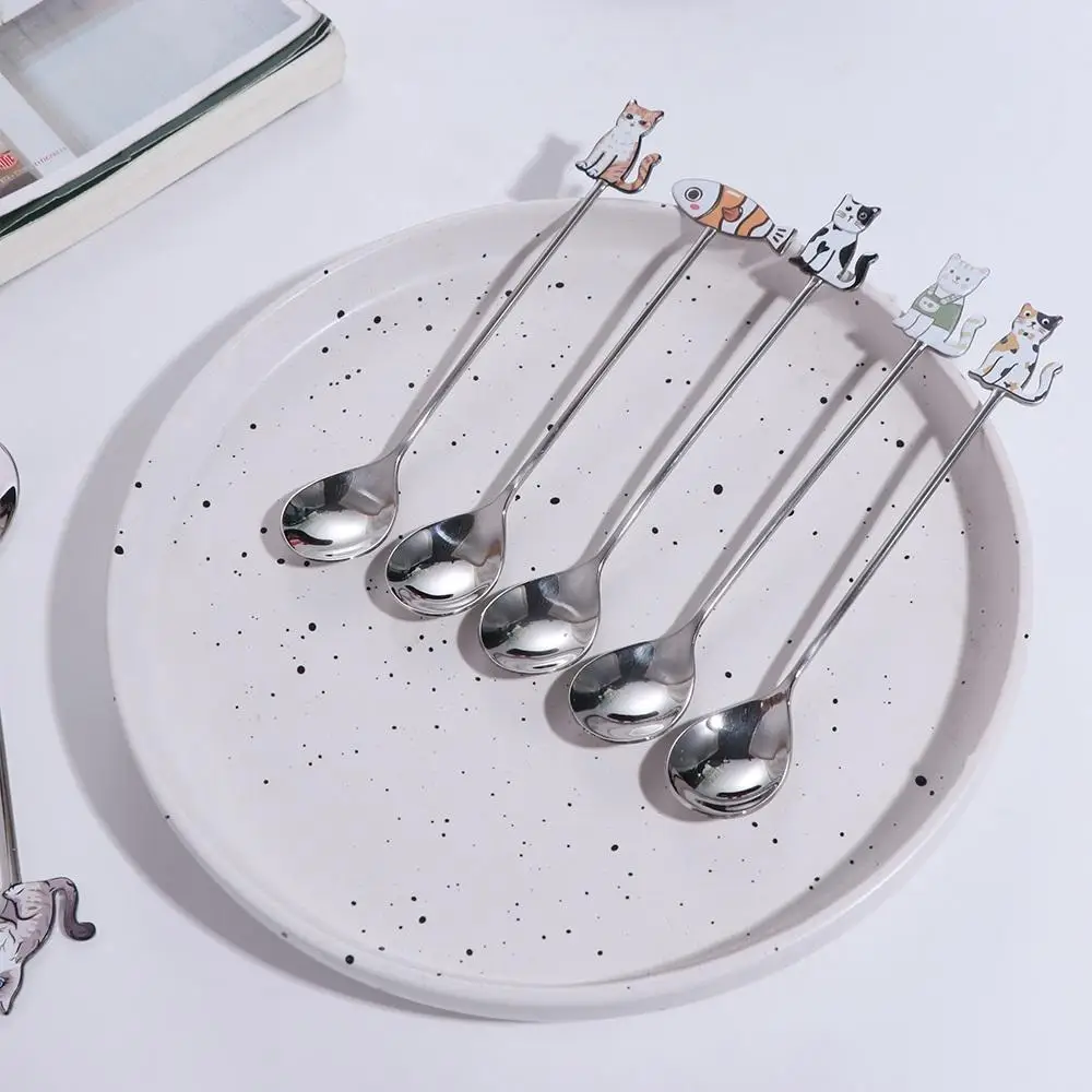Cute Polished Cat Fish Stainless Steel Spoon Colorful Japanese Korean Style Teaspoon Stirring Spoon Dessert Spoon Gifts