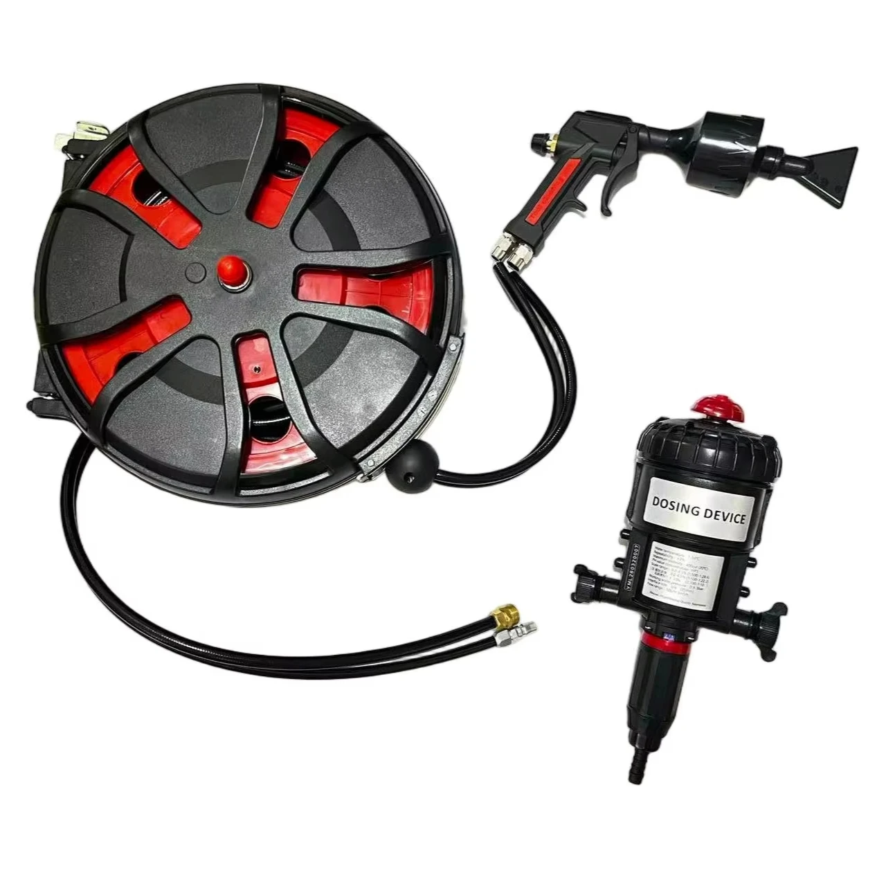 Automotive beauty foam cleaning system: double hose reel, foam spray gun and chemical filling device