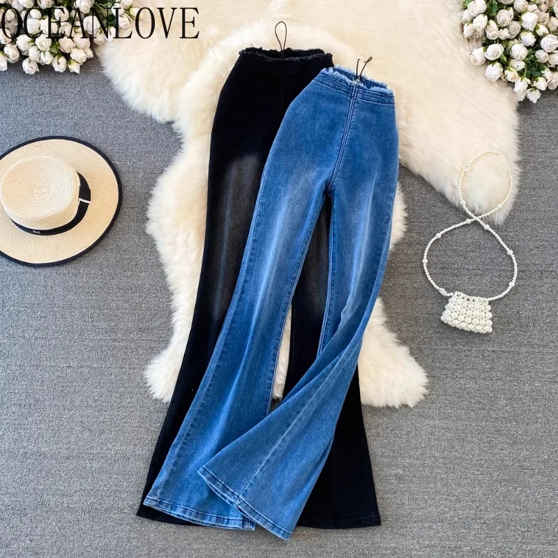 OCEANLOVE Spring Fall Denim Women Pants Solid High Waist Vintage Fashion Simple Pantalones De Mujer Elegant Slim Trousers