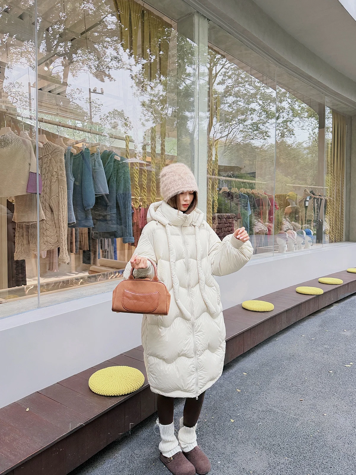 

Women's Hooded down Jaet Faux White Du Feather Thiened Mid-Length Casual Sle Windproof Design Winter Coat