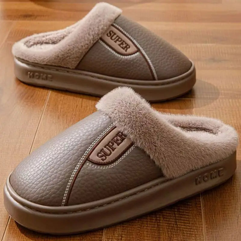 

Men Winter New Leather Baotou Cotton Slippers Thick sole Waterproof Non Slip Thicken Plush Keep Warm Cover Heel Home Cotton Shoe