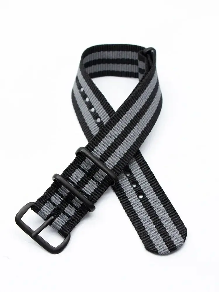 Fashion Men Watch Band Black Buckle Strap Nylon Stripes Durable Watch Bands Woven Straps Bracelet Watches Belt 18 20 22 24MM