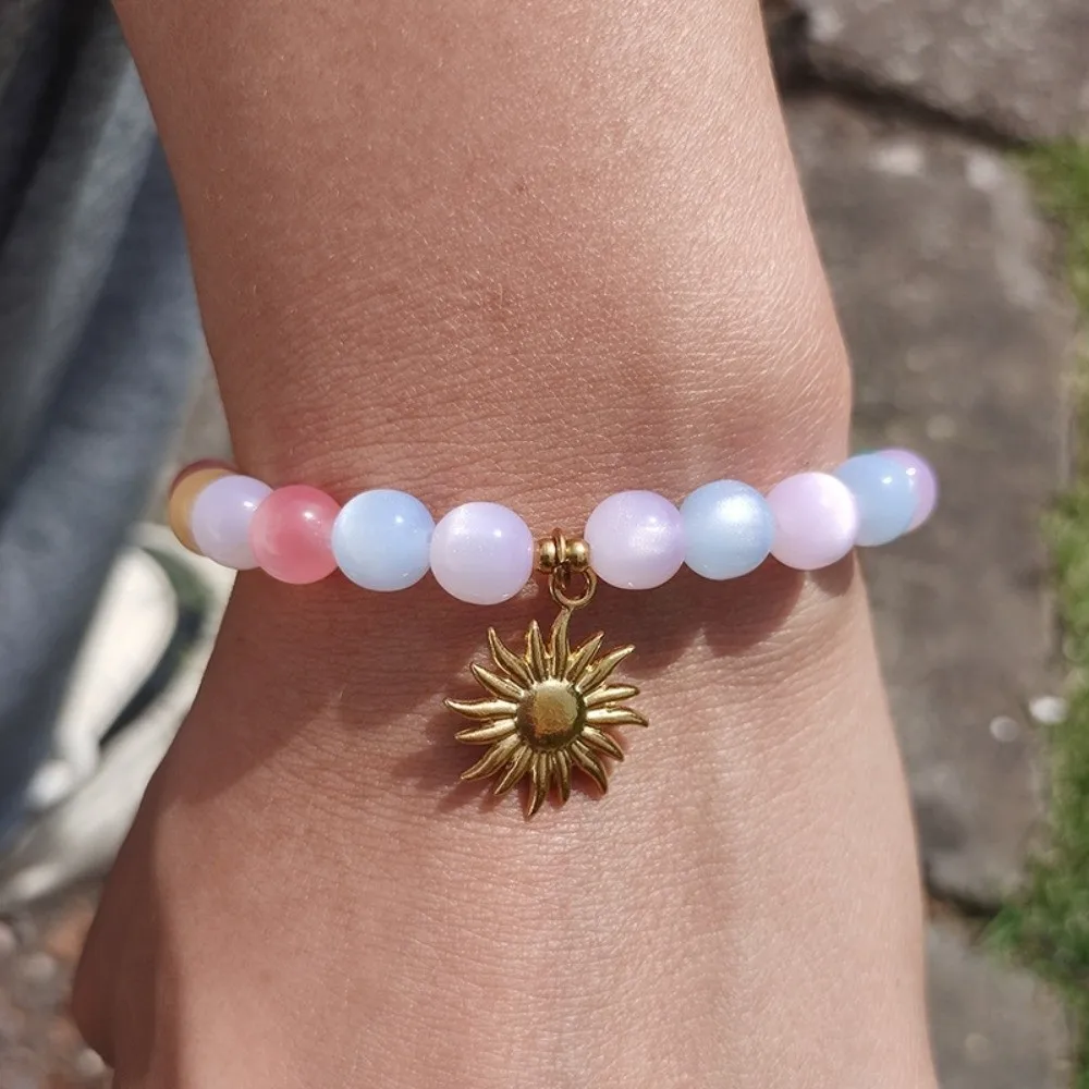 Color Changing Sun Pendant Necklace Gold Plated Pastel Colors Beaded Bracelet Set Steel Chain Lightweight Cat Eye Choker