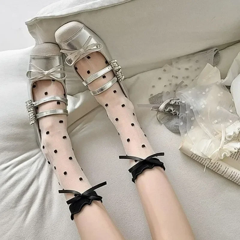 Ultra-thin Bow ถุงเท้าคริสตัลผ้าไหมถุงเท้ายาวสําหรับสาวผู้หญิงญี่ปุ่นสไตล์หวานฤดูร้อนลูกไม้กลางถุงน่องหลอด