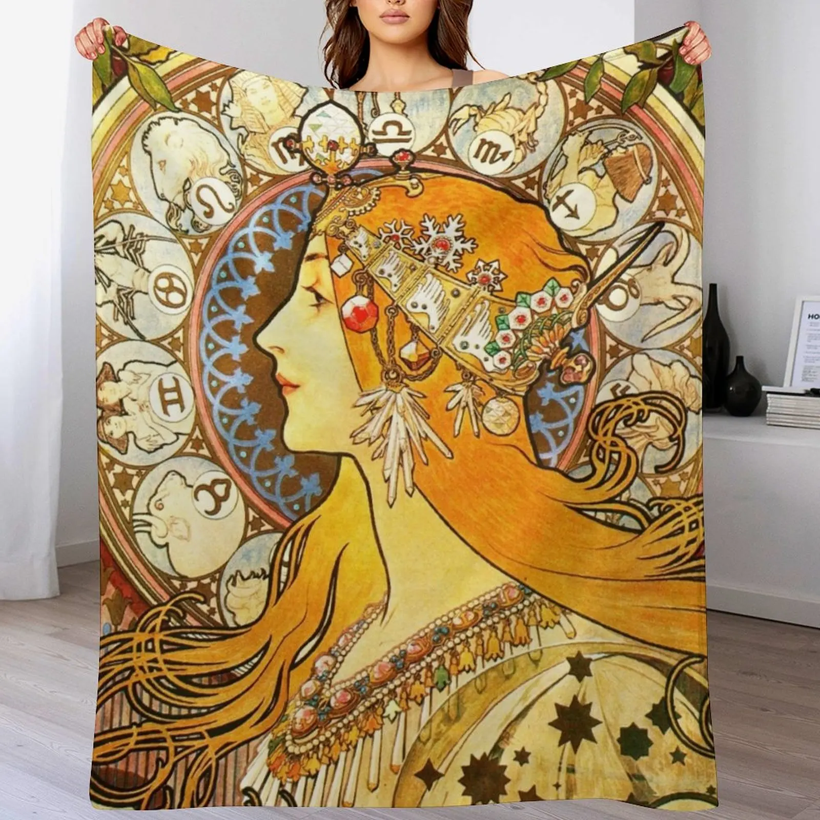 

La Plume Zodiac - Alphonse Mucha Throw Blanket Decorative Soft Throw Blanket for Couch Sofa