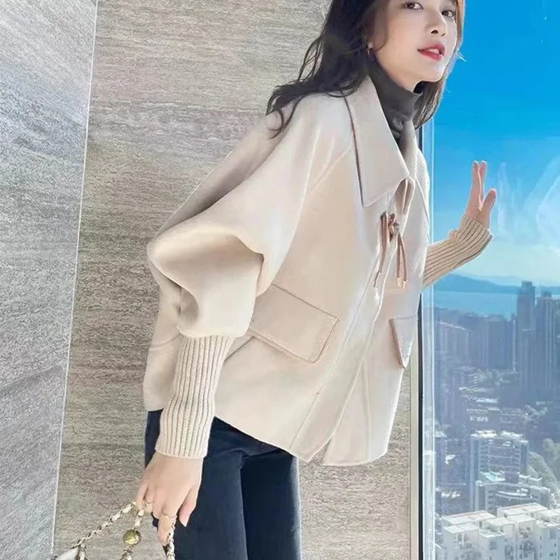 

Gidyq Women Korean Faux Woolen Coats Fashion Streetwear Designed Button Jacket Casual Female All Match Blended Loose Overcoat