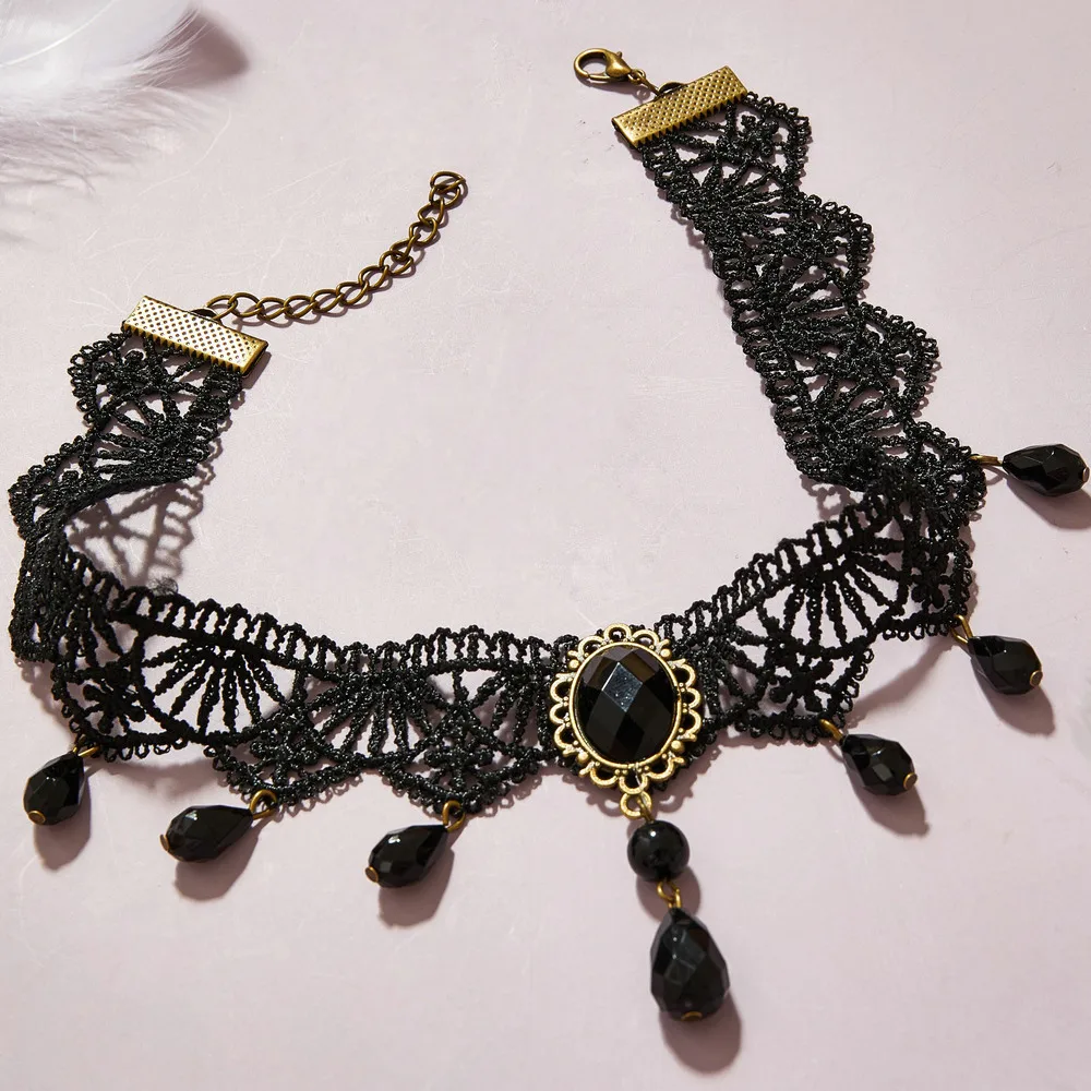 1PC Halloween Black Lace Necklace Vintage Court Gothic Personalized Black Gemstone Suitable for Party and Festival Gifts-802144